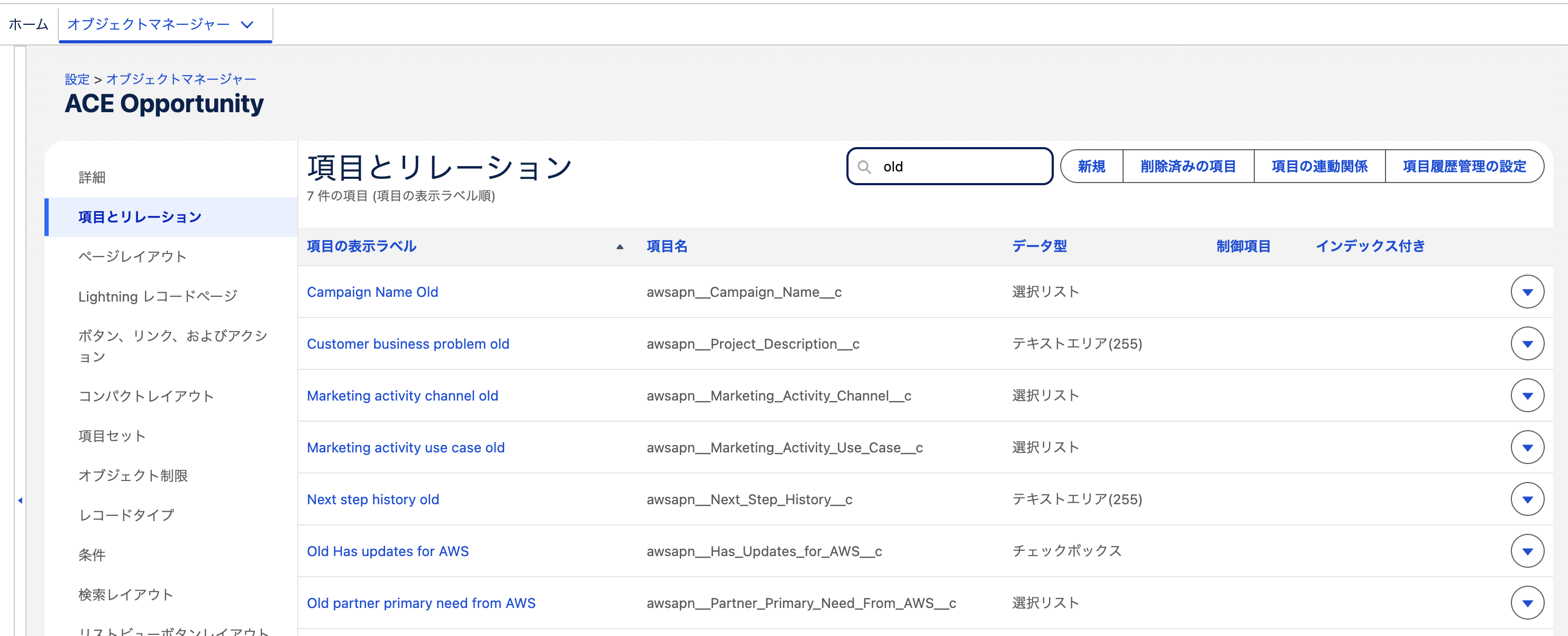 ACE Opportunity のオブジェクトマネージャーで「old」を検索した結果