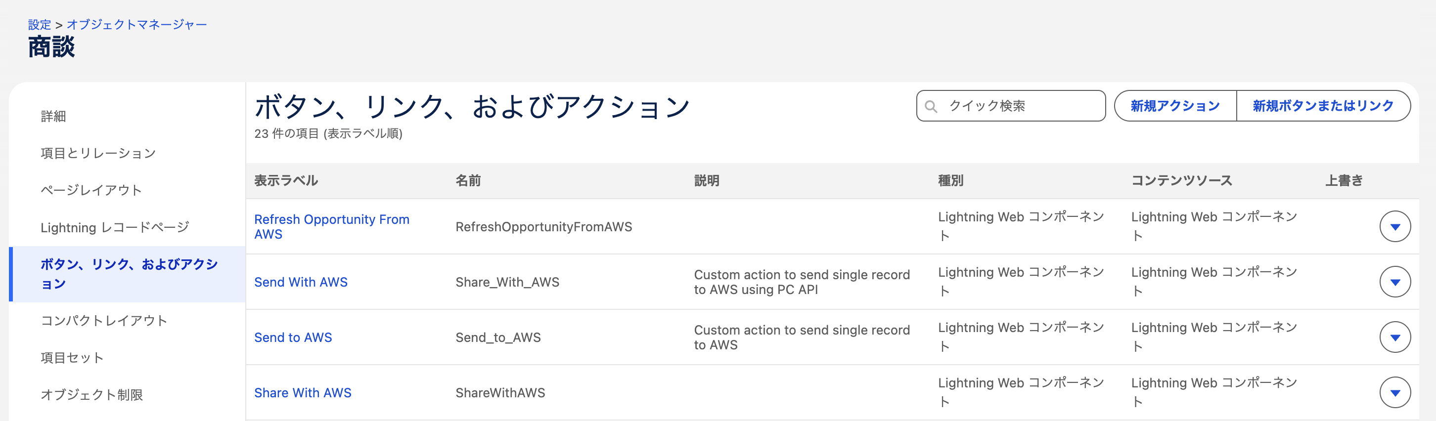 商談オブジェクトのボタン一覧